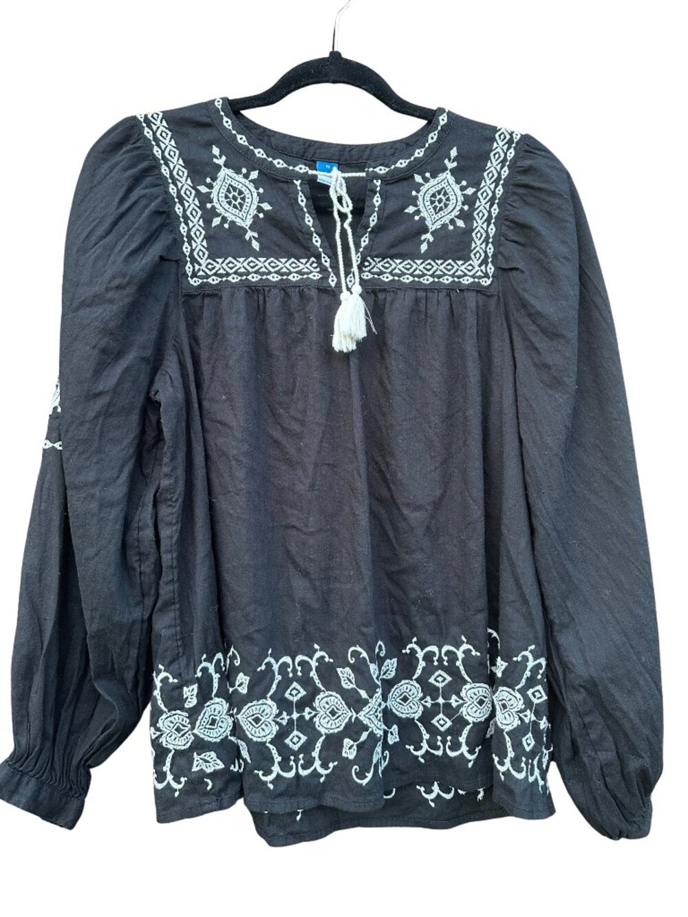 Old Navy Embroidered Boho Swing Blouse — Black Jack — Tassel Tie